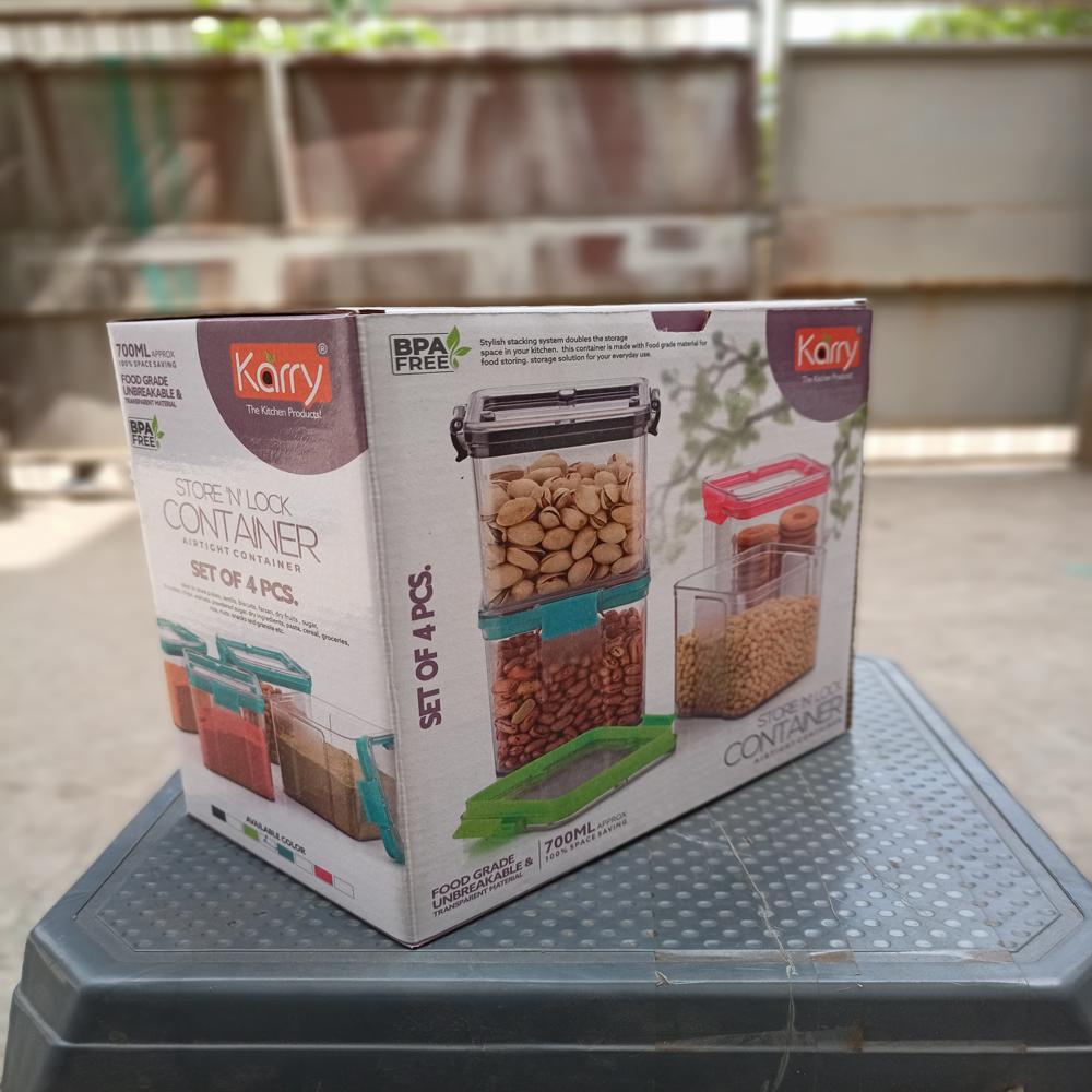 Karry Store N Lock Plastic Airtight Kitchen Cereal Dry Fruits Storage Container 4 Pcs Set 700 Ml - Color: Transparent With Black