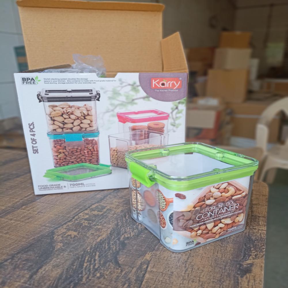 Karry Store N Lock Plastic Airtight Kitchen Cereal Dry Fruits Storage Container 4 Pcs Set 700 Ml - Color: Transparent With Black