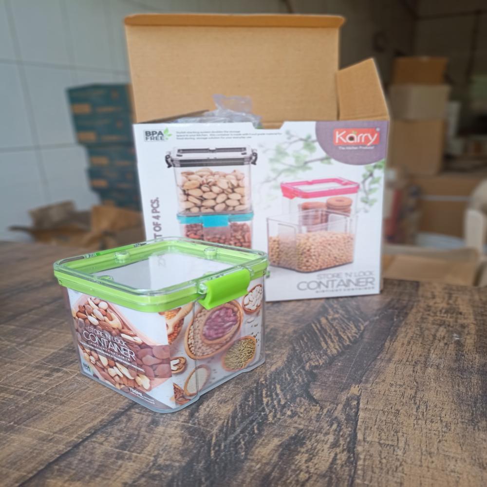 Karry Store N Lock Plastic Airtight Kitchen Cereal Dry Fruits Storage Container 4 Pcs Set 700 Ml - Color: Transparent With Black