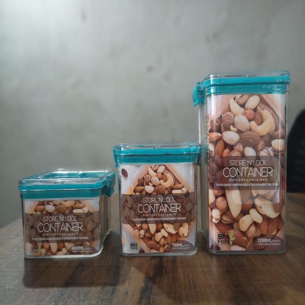 Karry Store N Lock Plastic Airtight Kitchen Cereal Dry Fruits Storage Container 4 Pcs Set 700 Ml - Color: Transparent With Black