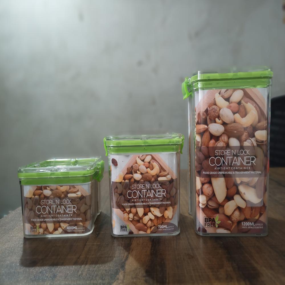 Karry Store 'N' Lock Plastic Airtight Kitchen Cereal Dry Fruits Storage Container 4 Pcs Set 1200 Ml - Plastic Type: Pet