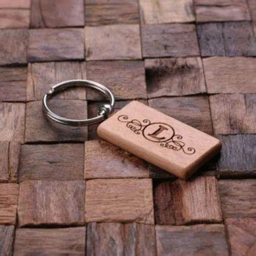 Uv Printed Rectangular Wooden Keychain - Color: Brown