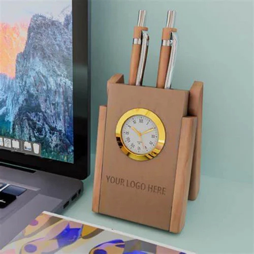 Wooden Table Clock Pen Stand