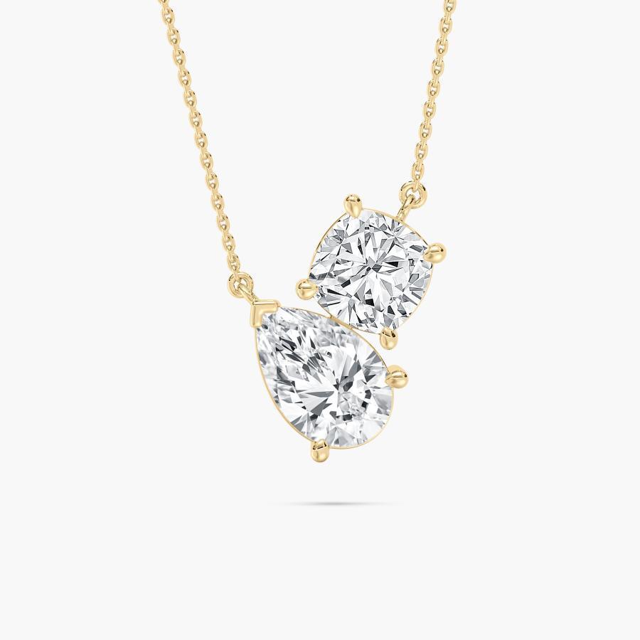 2 Carat Pear and Cushion Diamond Pendant Necklace AcA A  14KT Yellow Gold