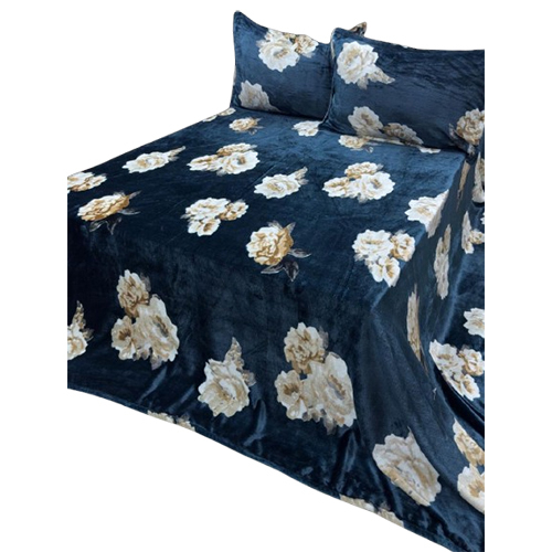 Flower Printed Blue Color  King Size Premium Woollen Bedcover