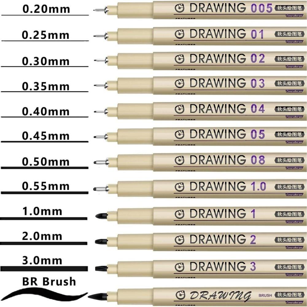 12Pcs Micro FineLine Drawing Art Pen Set 12 Black Fine Line Waterproof Ink Set