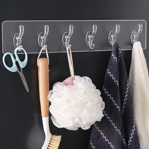 6 Hook Sticker - Transparent Waterproof Adhesive, Heat Resistant And Corrosion Resistant | Heavy-duty Self-adhesive Strip For Multi-purpose Wall Hanging