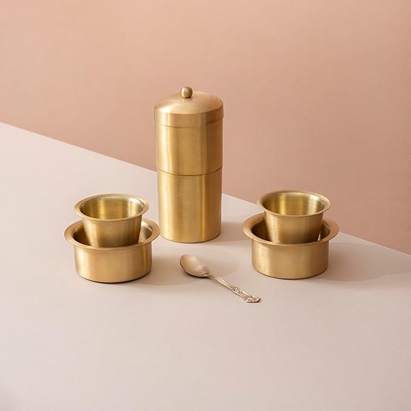 Coffee Dabara Set - Metal, 5 Inch Round | Gold Electroplated Finish, Brass Handle, Lightweight Design