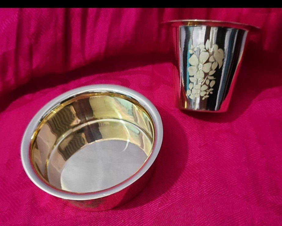 Coffee Dabara Set - Metal, 5 Inch Round | Gold Electroplated Finish, Brass Handle, Lightweight Design