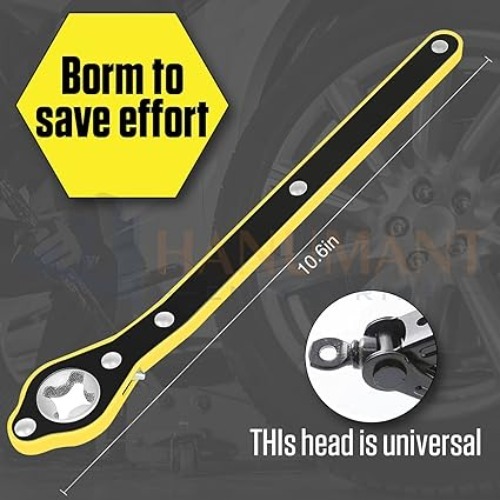 Car Wrench - Steel, 34x4.5x1 Cm, Yellow | 360 Swivel Head, Easy Torque Direction Switch, Durable, Rust-resistant, Labor-saving Handle