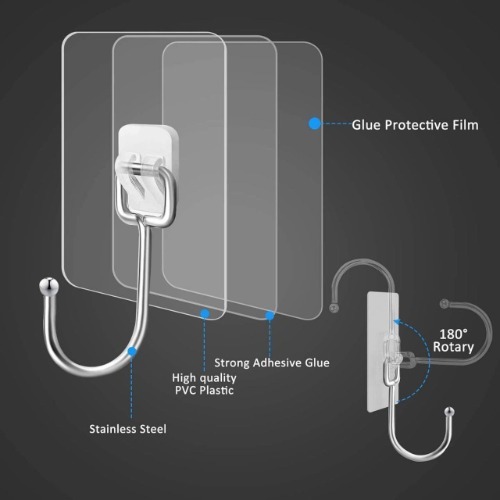 Transparent Wall Steel Hook Sticker - Plastic, 7x7 Cm, Transparent | Heavy Duty Self-adhesive Hooks For Multi-surface Use, Rustproof And Waterproof