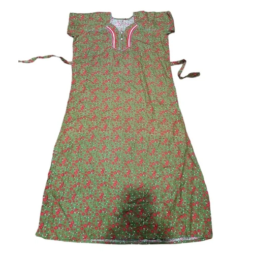 Ladies Olive Green Printed Cotton Night Gown - Color: Multicolor