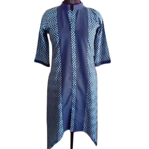 Ladies Blue Printed Cotton Kurtis - Feature: Washable