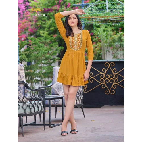 Ladies Mustard Rayon Slub Embroidered Short Kurti
