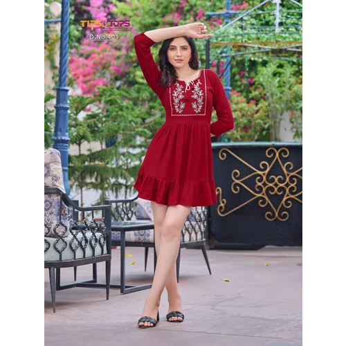 Ladies Embroidered Short Kurtis With Extraordinary Patterns - Color: Red