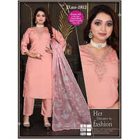 Ladies Silk Pant Suit - Silk Material, Sizes M To Xxl, Embroidered Pattern, 3/4 Sleeves, Round Neck, A-line Design, All Season Casual Elegance