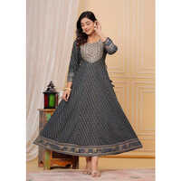 Anarkali Gown With Embroidery Work - Rayon, Customized, M, Xl | 3/4 Sleeve, Round Neck, Washable, Breathable, Printed Patterns, Traditional Style