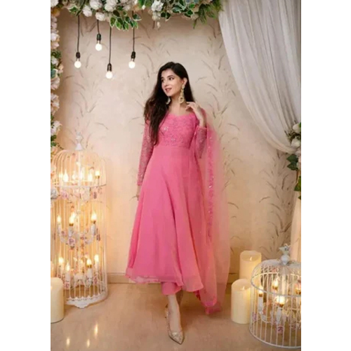 Stylish Look Ladies Pink Designer Gown With Dupatta