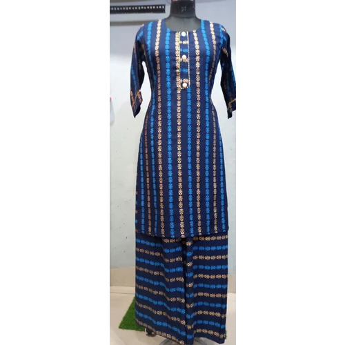 Ladies Blue Printed Kurti With Palazzo Set - Material: Rayon