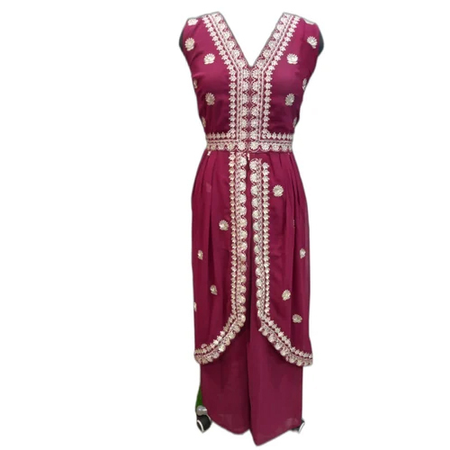 Ladies Maroon Georgette Kurti With Palazzo Set