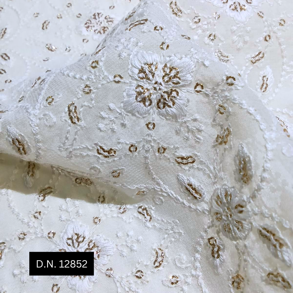 Latest Embroidered Georgette Fabric - White Thread Work with Sequins for Bridal & Evening Wear