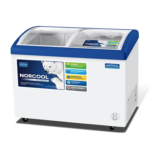 Norcool By Frigoglass Fc-410 [R290] Horizontal Curved Glass Top Chest Freezer - Capacity: 410 Ltr