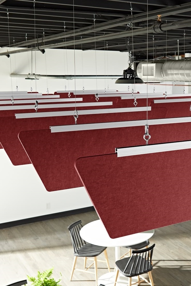 Maroon Acoustic Baffle Ceiling - PET Felt & Foam, 12-50mm Thickness, Rw 13.8 | Moisture Resistant, Fiber Free, UV Resistant, Fire Retardant