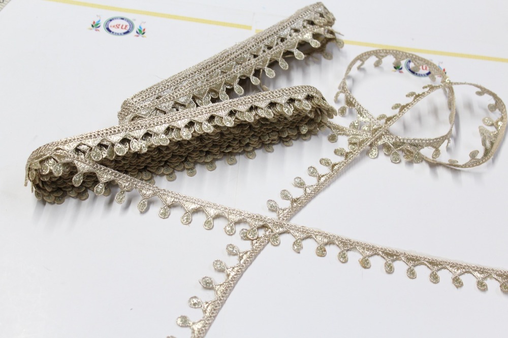 Golden Border Lace - 9 Meters, Cut Work Design With Sequins | Fancy 1-inch Width For Elegant Female Attire