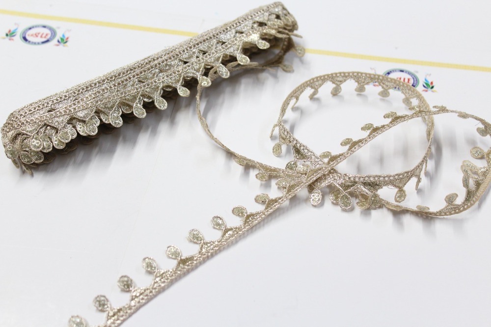 Golden Border Lace - 9 Meters, Cut Work Design With Sequins | Fancy 1-inch Width For Elegant Female Attire