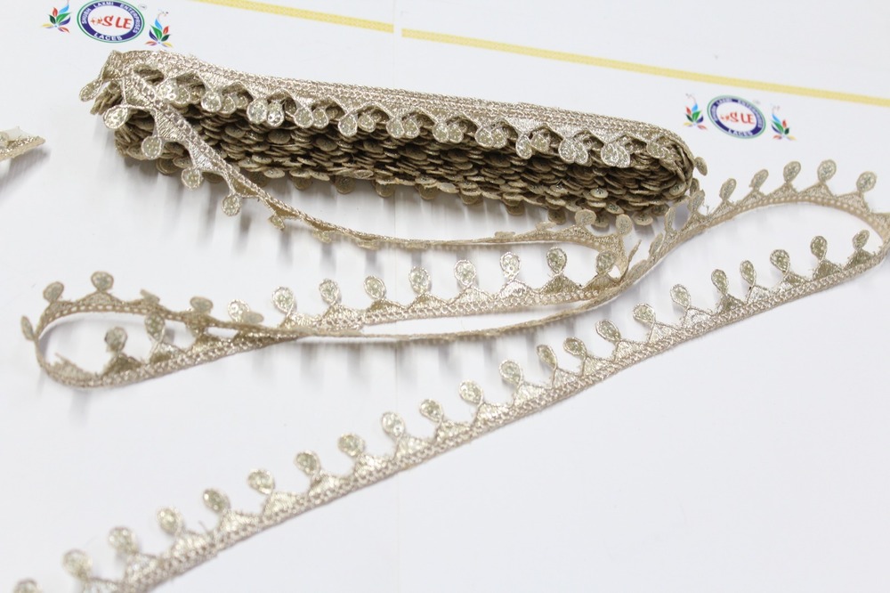 Golden Border Lace - 9 Meters, Cut Work Design With Sequins | Fancy 1-inch Width For Elegant Female Attire