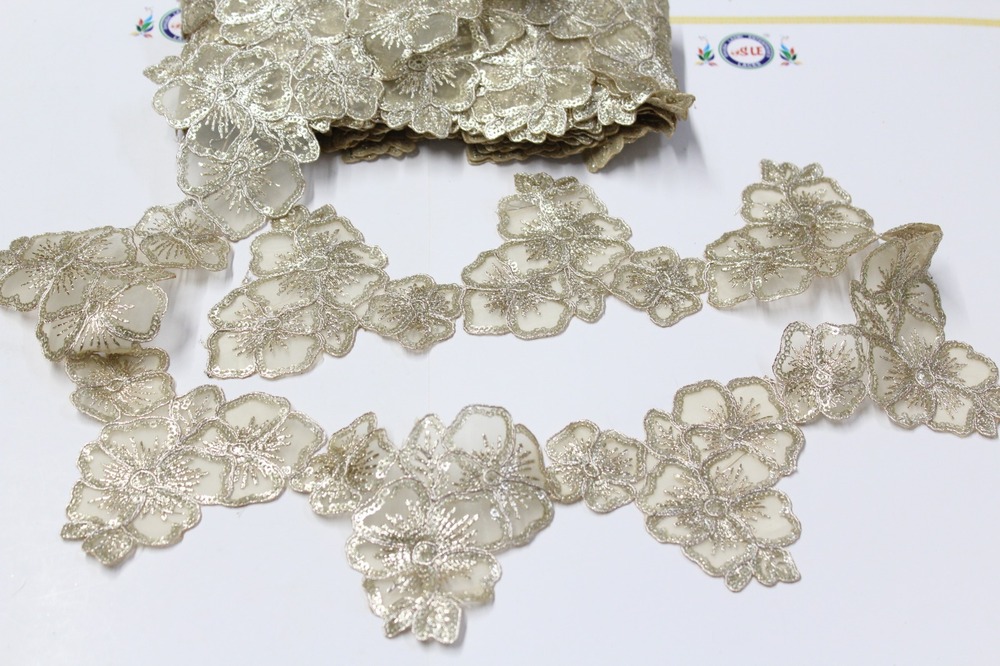 Flower Lace - Golden Sequence, 9 Mtr Length, 2 Inch Width | Fancy Pattern With Embroidered Floral Design, Cut Work Logo