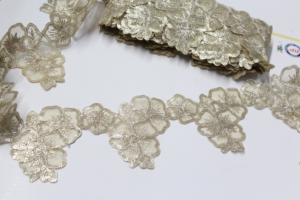 Flower Lace - Golden Sequence, 9 Mtr Length, 2 Inch Width | Fancy Pattern With Embroidered Floral Design, Cut Work Logo