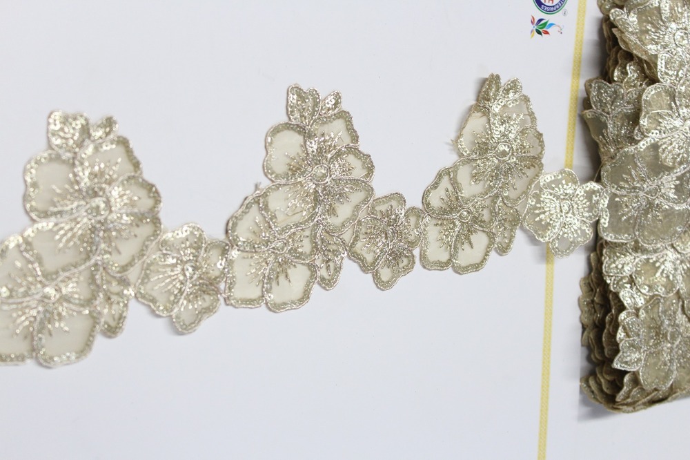Flower Lace - Golden Sequence, 9 Mtr Length, 2 Inch Width | Fancy Pattern With Embroidered Floral Design, Cut Work Logo