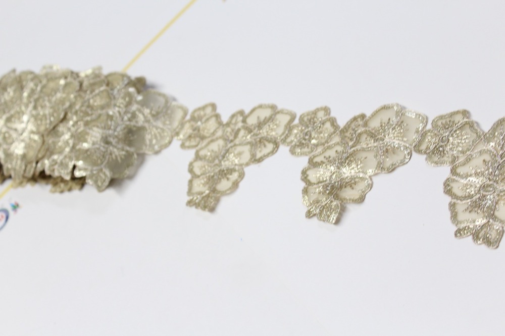 Flower Lace - Golden Sequence, 9 Mtr Length, 2 Inch Width | Fancy Pattern With Embroidered Floral Design, Cut Work Logo