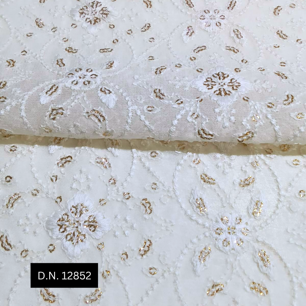Latest Embroidered Georgette Fabric - White Thread Work With Sequins For Bridal & Evening Wear