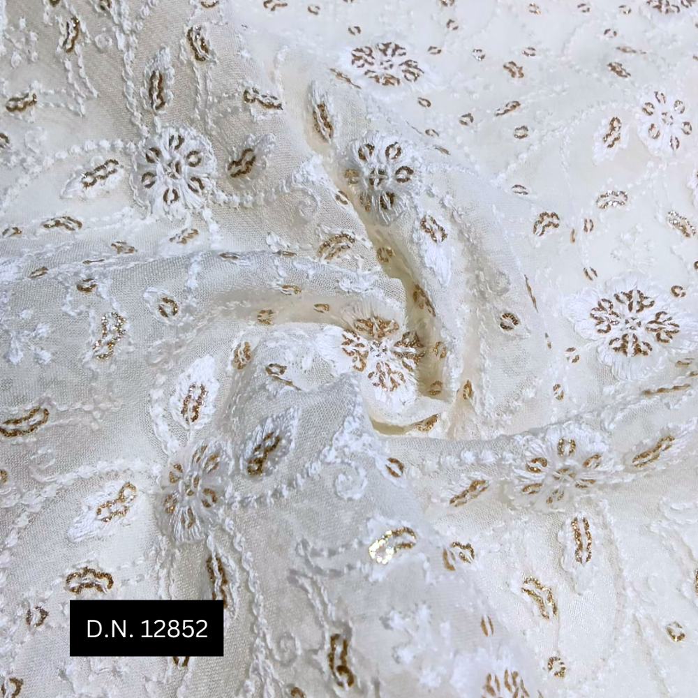 Latest Embroidered Georgette Fabric - White Thread Work With Sequins For Bridal & Evening Wear