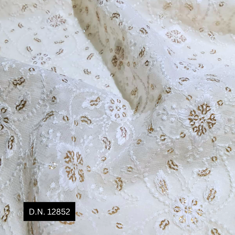 Latest Embroidered Georgette Fabric - White Thread Work With Sequins For Bridal & Evening Wear