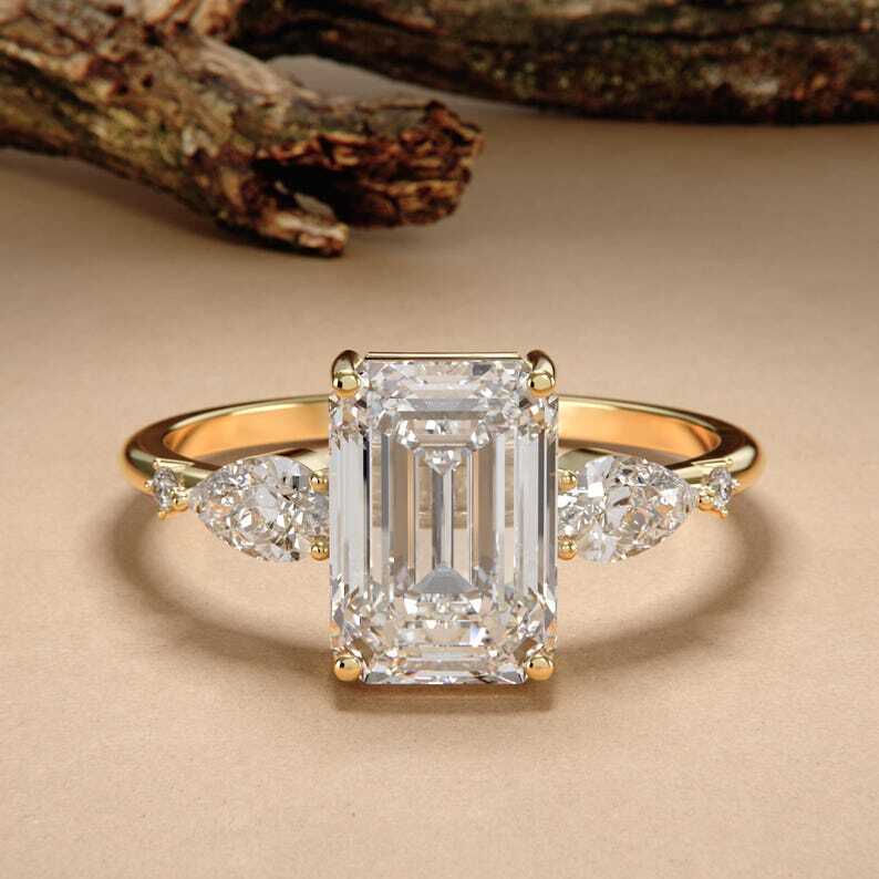 Three Stone Wedding Ring, Emerald Cut Lab-Grown Diamond Engagement Ring, Side Pear Cut Diamond