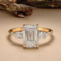 Three Stone Wedding Ring, Emerald Cut Lab-grown Diamond Engagement Ring, Side Pear Cut Diamond - Color: Colorless