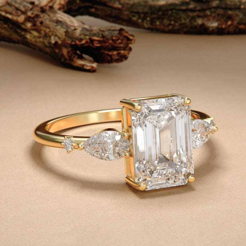 Three Stone Wedding Ring Emerald Cut Lab-grown Diamond Engagement Ring Side Pear Cut Diamond