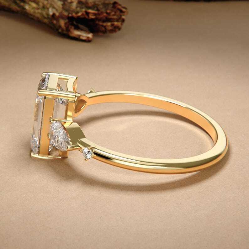 Three Stone Wedding Ring Emerald Cut Lab-grown Diamond Engagement Ring Side Pear Cut Diamond