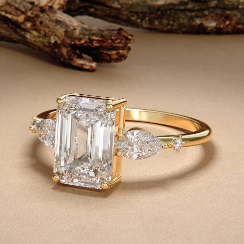 Three Stone Wedding Ring Emerald Cut Lab-grown Diamond Engagement Ring Side Pear Cut Diamond