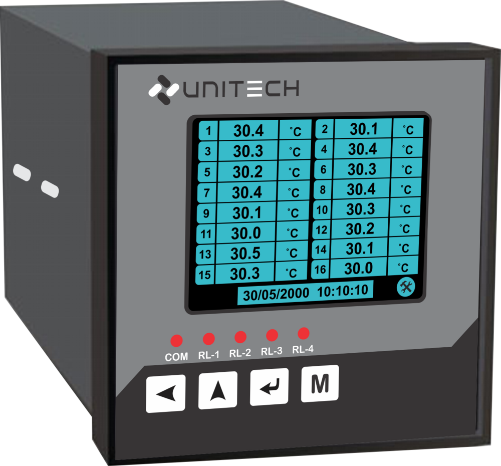16 Channel Universal Input Data Logger - 3.5 Inch Tft Touch Screen, 4 Gb Internal Storage | Black, Rs485 & Tcp-ip Communication, Ip65 Protection, Usb Interface, Dual Relay Output