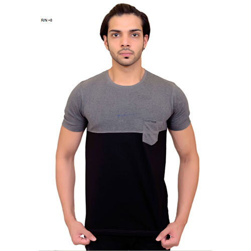 Grey And Black Round Neck T-Shirt - Material: Cotton- 60% + Polyester-40 %