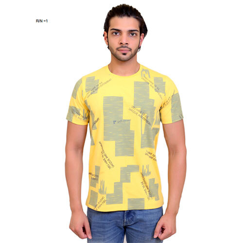 Yellow Printed Round Neck T-Shirt - Material: Cotton- 60% + Polyester-40 %