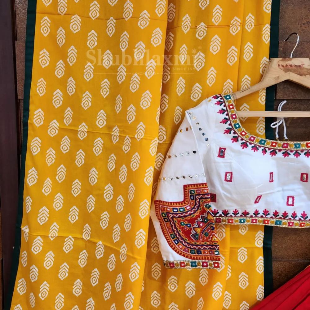 Navratri Chaniya Choli - Muslin Cotton Semi-stitched Lehenga, 41 Inches Length, Multi Color, Real Mirror Work, Includes Unstitched Blouse & Duppata