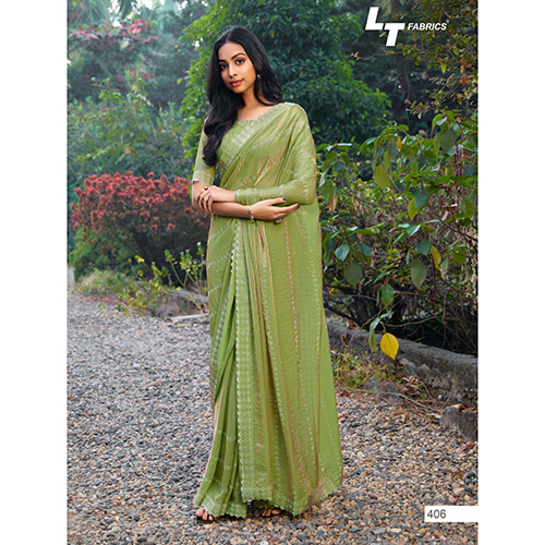 406 Ladies Printed Chiffon Green Saree - Design: Striped