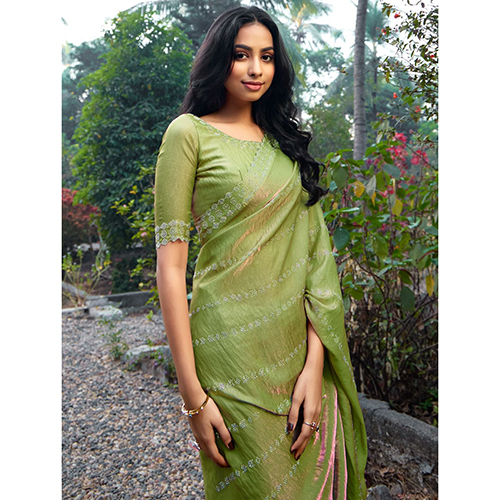 406 Ladies Printed Chiffon Green Saree