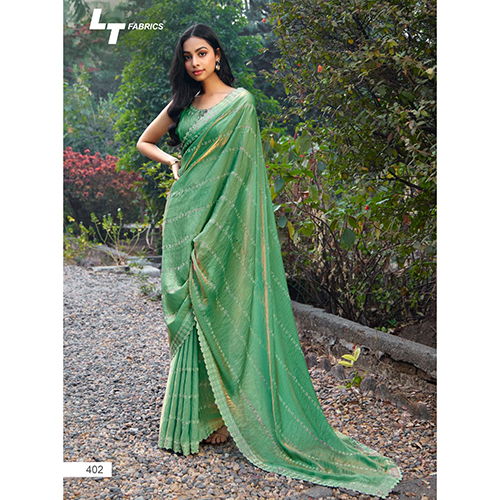 402 Daily Wear Chiffon Green Saree - Design: Striped