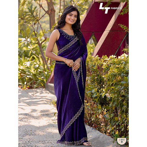 1403 Embroidered Velvet Purple Saree - Feature: Washable